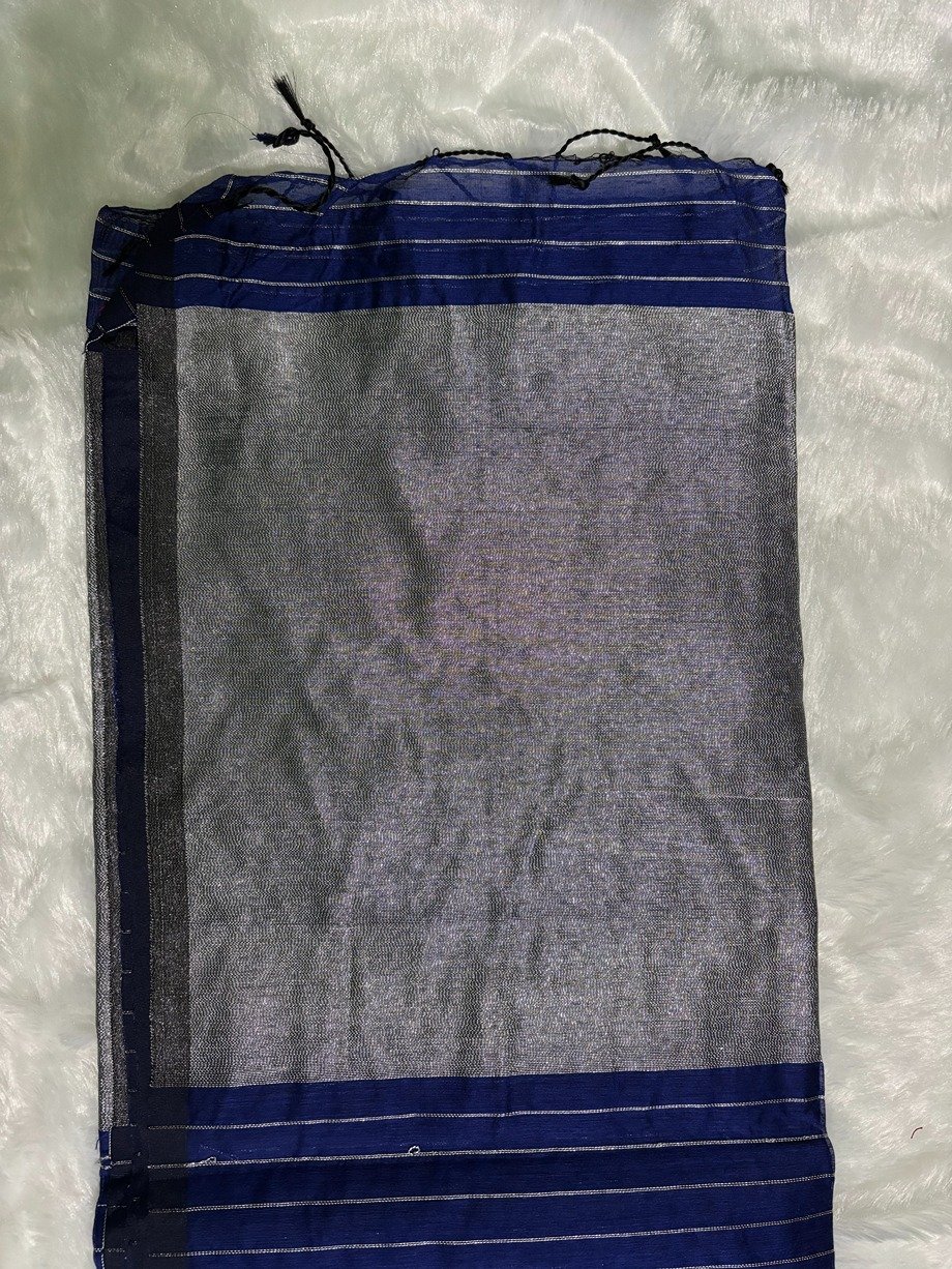 Navy Blue Silver Zari Linen Silk Saree